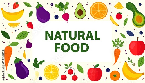Creative natural food typography background surrounded by colorful fresh fruit icons, ideal for healthy lifestyle branding, organic food campaigns, nutrition content, and eco-friendly designs.