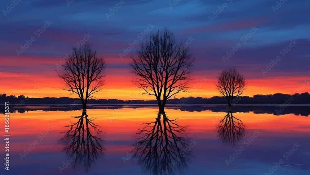 Fototapeta premium Sunset over calm lake with three bare trees reflections