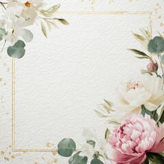 A floral border design featuring soft pink peonies, white lilies, and green eucalyptus leaves on a textured background. Ideal for invitations or greeting cards.