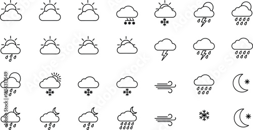 Minimalist black line weather icon set with sun clouds rain snow and moon symbols for mobile app interface design