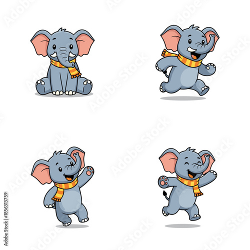 Four cartoon elephants in different poses with orange scarves