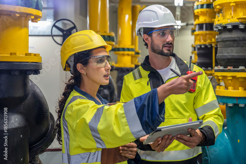 Focused engineering team reviewing HVAC blueprints in a professional industrial setting.