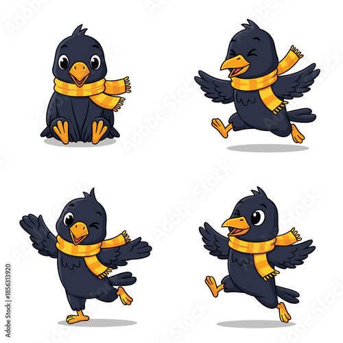 Four cheerful black birds with yellow scarves in different poses