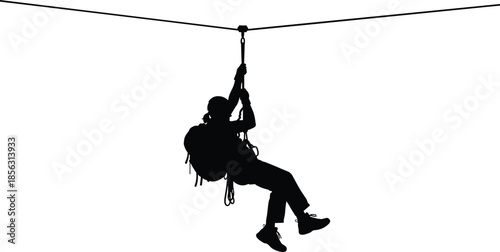 Silhouette of a person ziplining on a cable with backpack, extreme adventure sport activity, outdoor recreation fun, high speed adrenaline rush experience, vector.