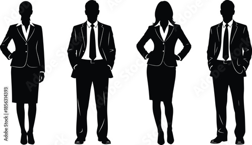 Silhouettes of professional business people in formal suits standing together, corporate team members, diverse male and female entrepreneurs, career success and teamwork.