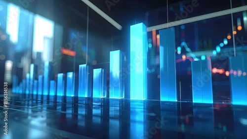 Wallpaper Mural Futuristic Financial Data Visualization with Glowing Blue Bars and Stock Market Graphs. Torontodigital.ca