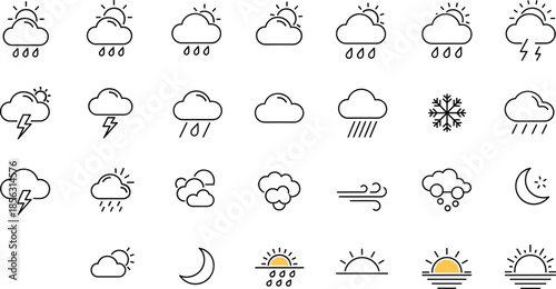 Vector linear weather icon set with sun clouds rain and moon phases for mobile app interface design