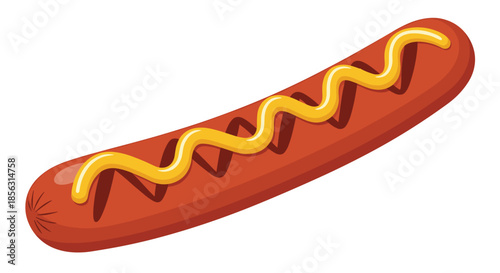 A delicious-looking grilled sausage topped with a wavy line of yellow mustard, illustrated in a simple and clean cartoon style.