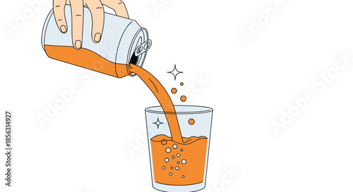 A hand pouring a sparkling orange soda from an aluminum can into a clear glass, illustrated in a clean and simple line art style.