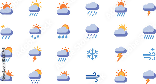 Vector weather forecast icon set with sun clouds rain snow and lightning for mobile app interface design