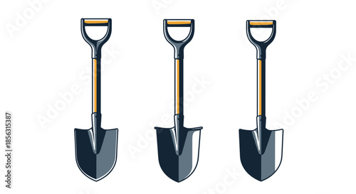 A set of three identical short-handled shovels with wooden handles, illustrated in a clean and simple, slightly textured cartoon style.