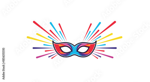 Vibrant and festive carnival mask with colorful rays exploding outwards, symbolizing celebration, party, and mystery for events.