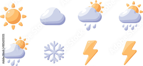 3D glossy weather icon set featuring cartoon sun clouds rain snow and lightning bolts for mobile game interface design