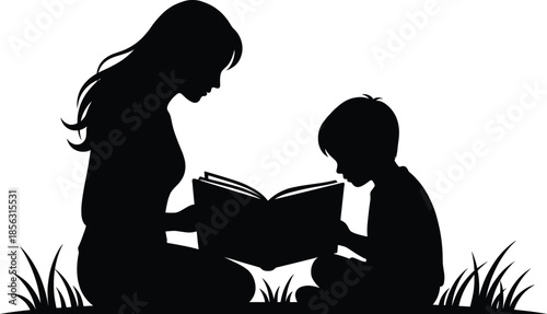 Reading silhouette illustration, adult and child sitting, storytelling moment, open book pose, black outline, isolated, vector graphic