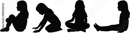 Seated child silhouette illustration set, varied sitting poses, emotional posture diversity, black outline, isolated, vector graphic