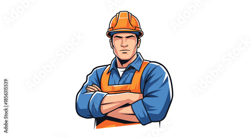 Strong and confident construction worker or builder character wearing a hard hat and overalls with arms crossed, in a cartoon style.
