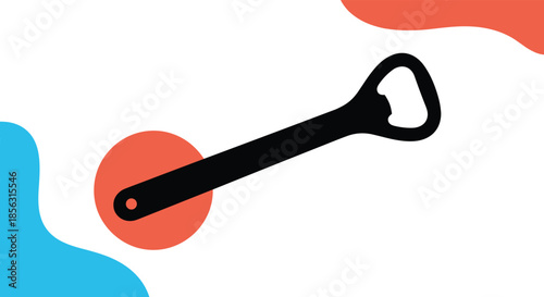 Minimalist black silhouette of a bottle opener icon with abstract red and blue shapes in the background, isolated on white for design.