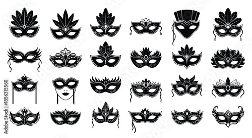 Large collection of black silhouette venetian carnival masks with intricate designs, feathers, and ribbons for masquerade parties.