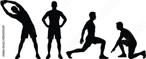 Stretching silhouette illustration set, warm-up poses, side bend, lunge, kneel, standing prep, black outline, isolated, vector graphic