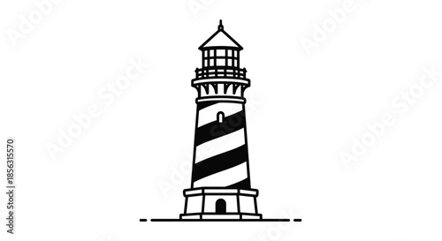 Simple black and white line art icon of a classic striped lighthouse tower, symbolizing guidance, safety, and the maritime coast.