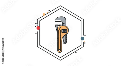 Colorful cartoon pipe wrench or monkey wrench tool icon enclosed within a modern hexagon frame with decorative dots on a white background.