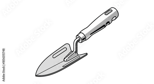 Detailed black and white illustration of a small garden trowel with a comfortable handle, a basic hand tool for digging and planting.