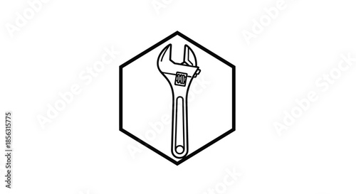 Black and white line art icon of an adjustable wrench or spanner tool enclosed within a bold hexagon frame on a white background.
