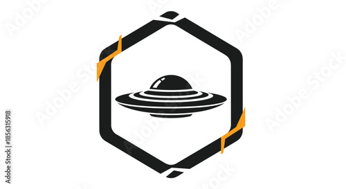 Black silhouette icon of a classic flying saucer or UFO inside a modern black and orange hexagon frame for a futuristic concept.