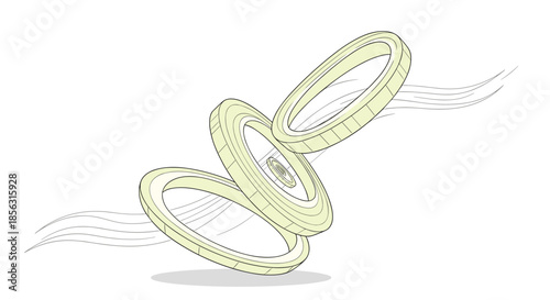 Dynamic illustration of falling or flying sliced onion rings, hand-drawn in a sketch style with motion lines on a white background.