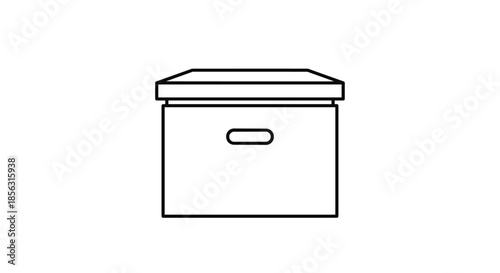 Simple black and white line art icon of a storage box with a separate lid and handles, suitable for organization or moving concepts.