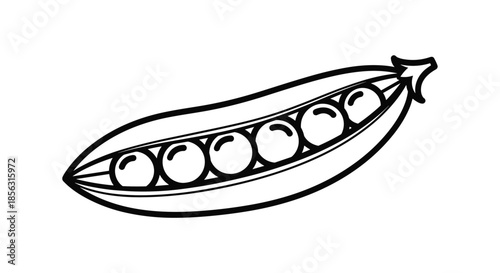 Simple black and white line art drawing of an open pea pod containing six round peas, perfect for coloring or food icons.