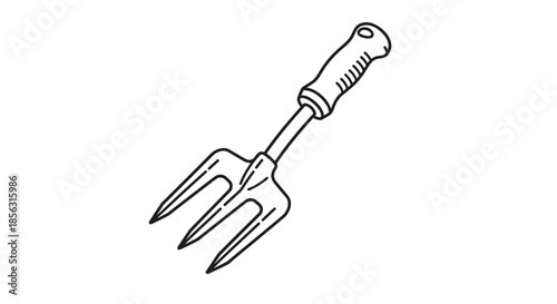 Simple hand-drawn line art illustration of a small garden hand fork or cultivator, a tool used for loosening soil and weeding.