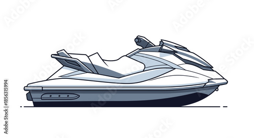 Detailed monochrome illustration of a modern jet ski or personal watercraft, representing water sports, summer vacation, and recreation.