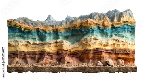 Cross section geological diagram illustrating vibrant multicolored sedimentary rock layers formed over vast spans of ancient time showcasing natural stratification and tectonic fault lines