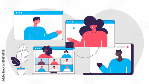 Illustration of a virtual meeting with multiple people on different screens and a plant pot