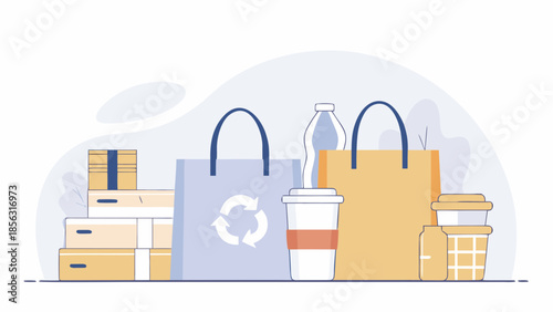 Illustration of shopping bags, boxes, and containers emphasizing sustainability and recycling themes