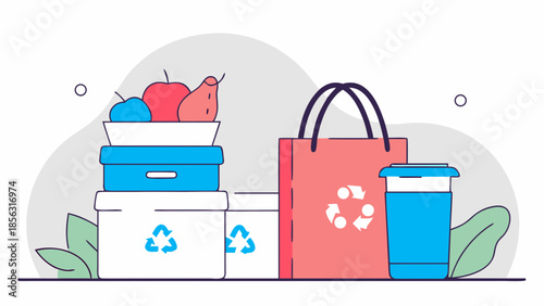 Still life illustration of reusable containers and a tote bag with recycle symbols shown