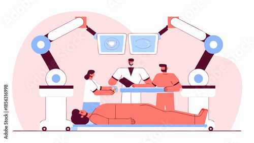 Illustration of robotic surgery with patient and medical staff in a modern operating room setting