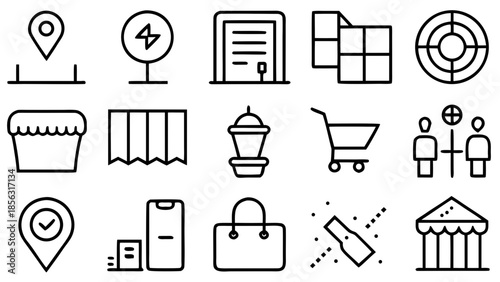 Illustration of assorted retail and commercial icons including location and shopping elements design