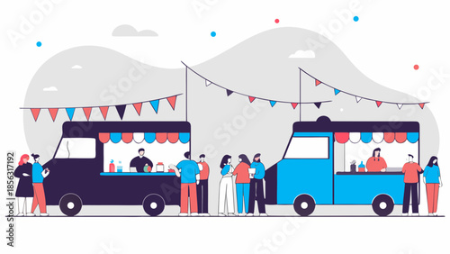 Illustration of food trucks with customers in line and festive bunting against a grey background landscape