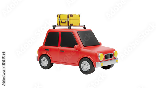 3D Red car with yellow suitcase on roof rack for travel on transparent background