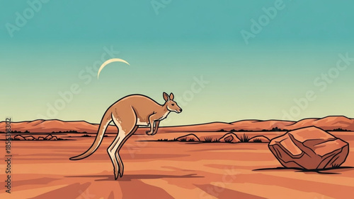 A kangaroo stands on a vast desert landscape with a crescent moon in the sky and a rocky outcrop in the foreground, symbolizing freedom and adventure in the australian