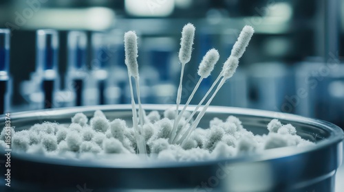 Collection of used sterile swabs in a designated container for laboratory analysis and medical testing purposes