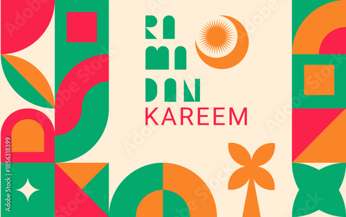 Ramadan kareem design with minimalist geometric shapes and elements. Modern bauhaus islamic design for cover, banner, poster, etc