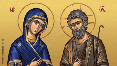 Mary and joseph illustration in byzantine style with golden halos and ornate robes on yellow background