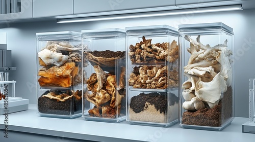 Collection of diverse dried mushrooms and other organic ingredients neatly stored in clear kitchen containers on a shelf