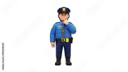 3D Cartoon police officer thinking with finger on chin on transparent background