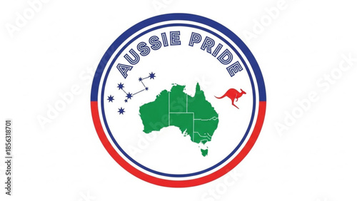 Australian pride symbol with map, kangaroo and stars in circular badge, national identity logo with green country shape and red blue border