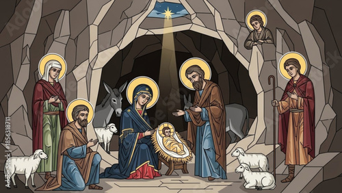 Nativity scene with holy family, angels, shepherds, sheep, donkey in a cave, star shining brightly above, symbolic representation of jesus' birth, christmas, religious