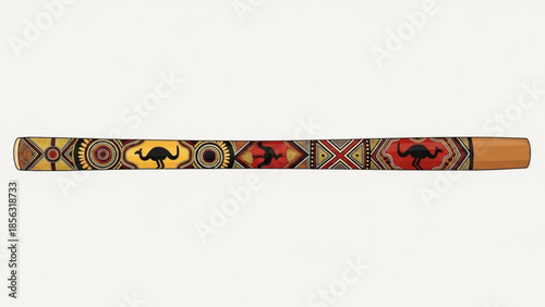 Vibrant boomerang with kangaroo designs in red, yellow, and black patterns on a white background, australian aboriginal inspired